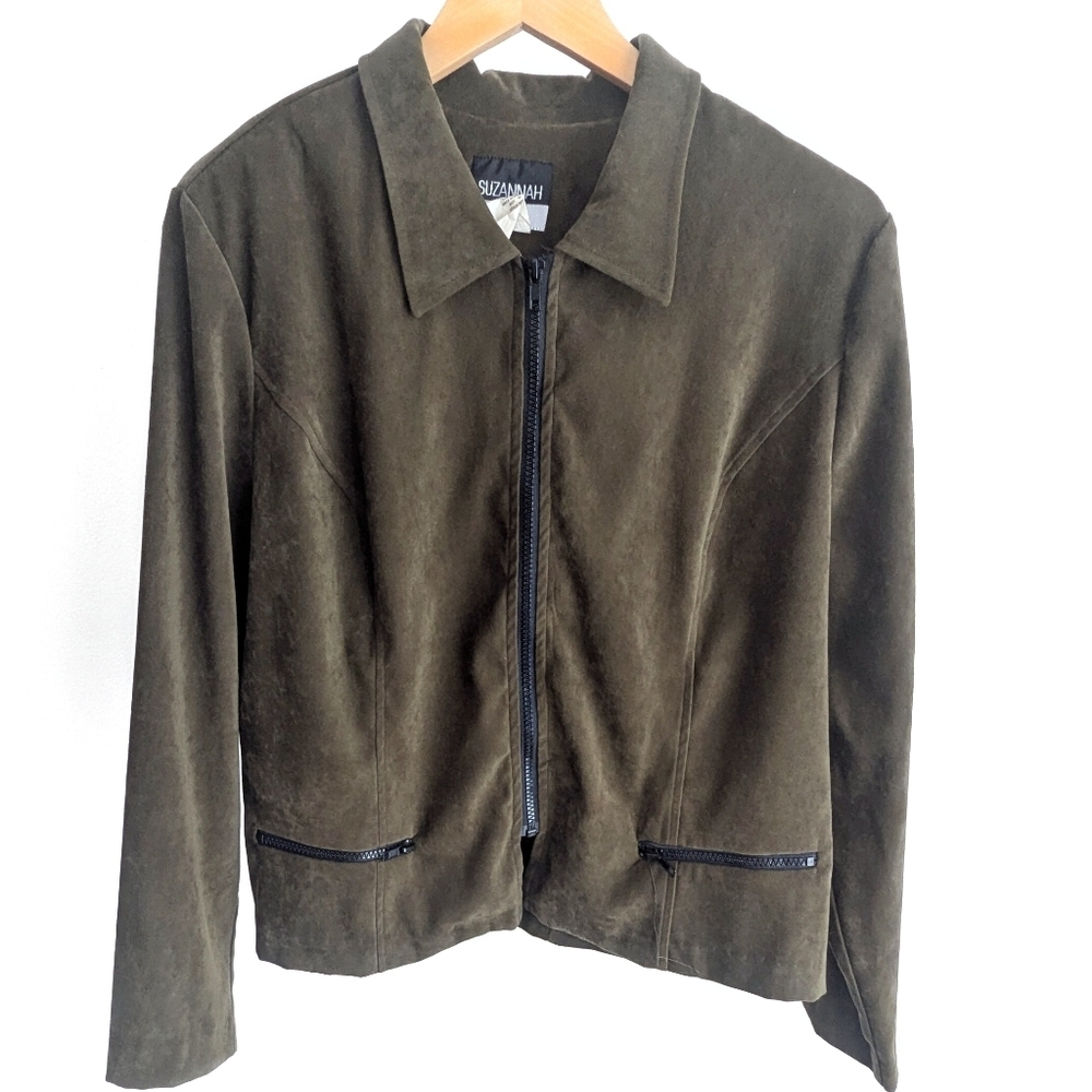 Suzannah James Olive Suede-Look Zip Jacket Size 16 Classic Structured Blazer - Picture 3 of 8